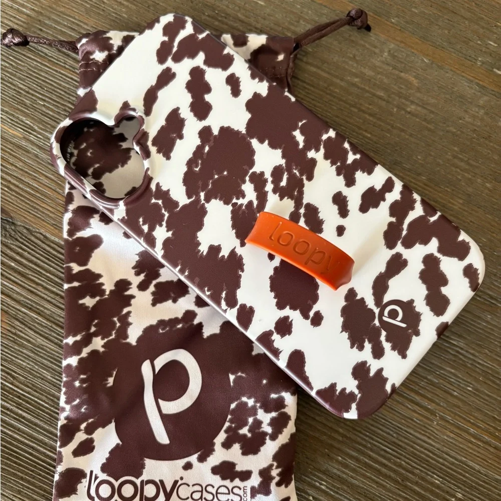 iPhone 16 plus!Loopy Case Brown and White Cow Print Phone Case with Orange Loopy